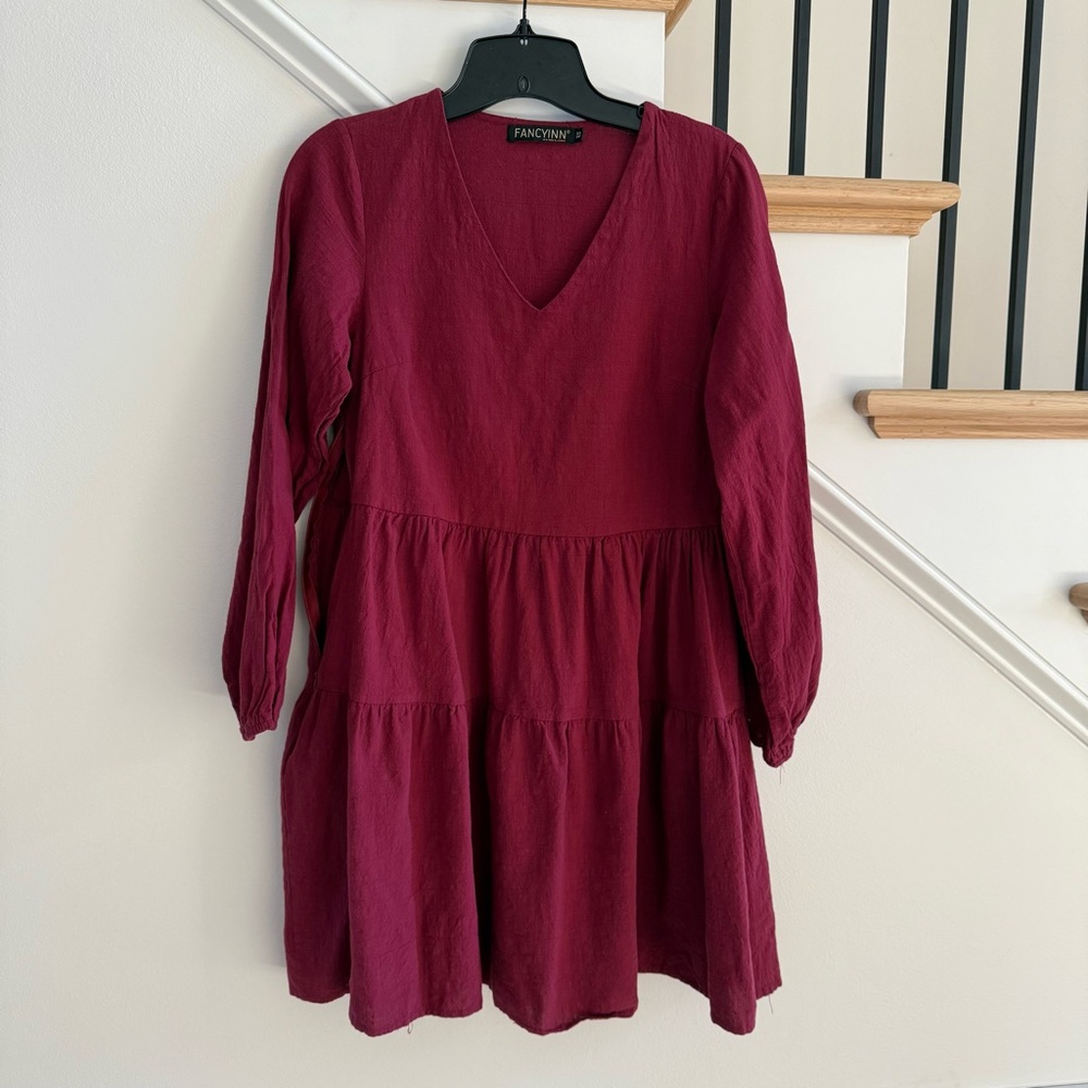 FANCYINN Long Sleeve Shift Tunic Babydoll Dress with Pockets, Size XS